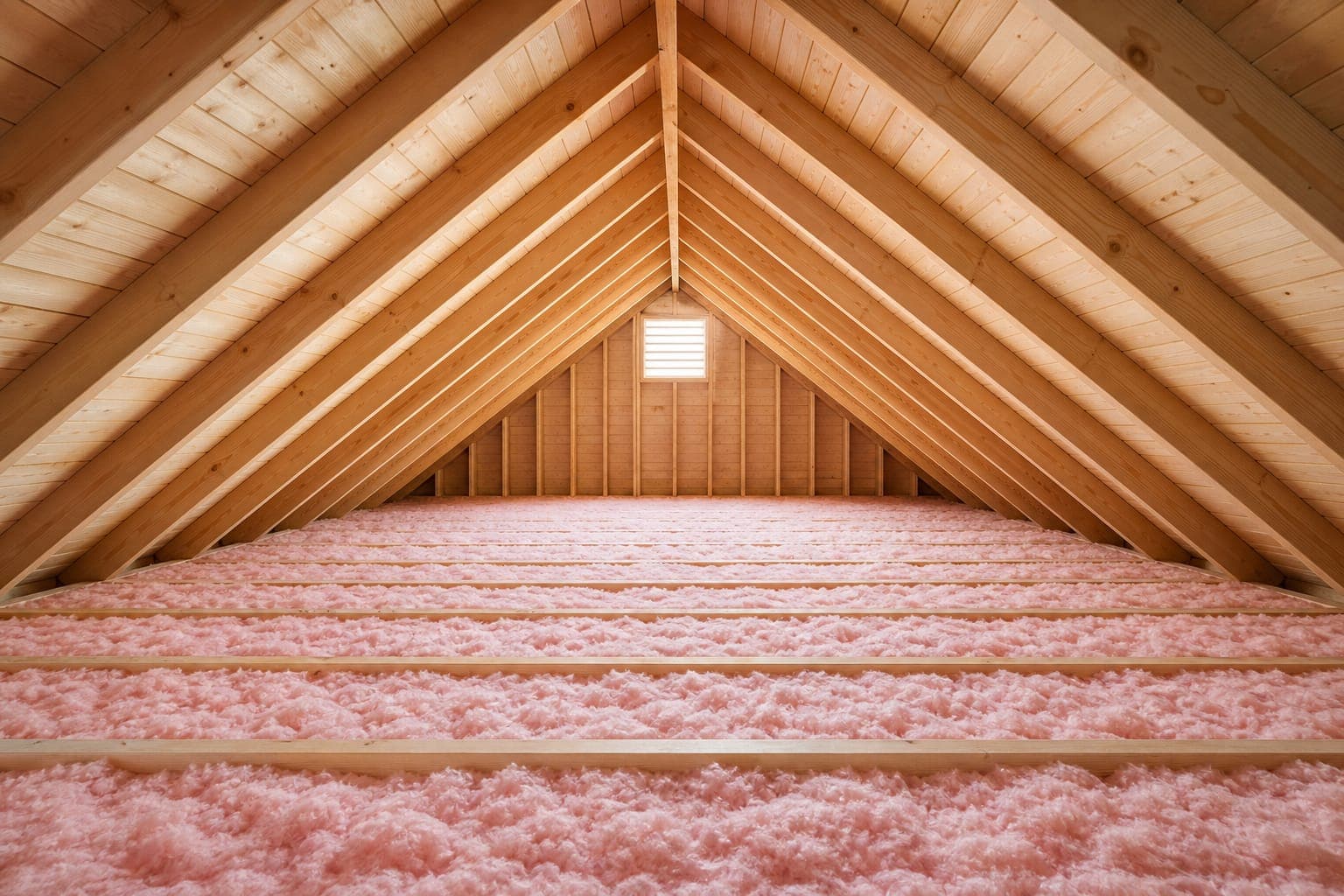 Unfinished attic with exposed wood rafters, roof sheathing, and loose-fill insulation