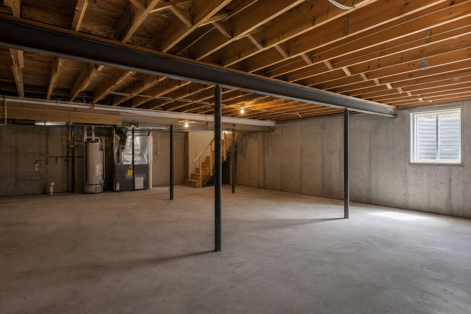 Unfinished basement with concrete walls, exposed floor joists, and a water heater and furnace