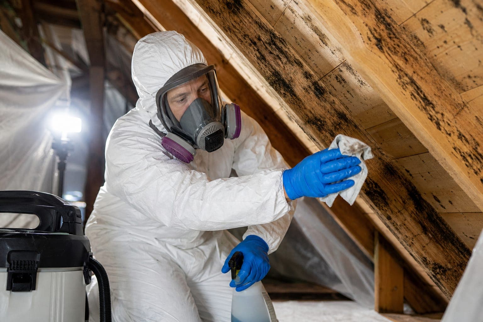 Technician in coveralls and full-face respirator wiping mold from attic roof sheathing