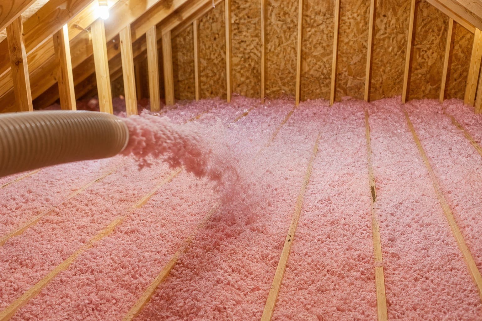 Loose-fill insulation being blown between attic joists through a hose