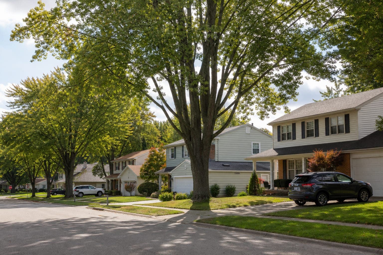 Tree-lined suburban street of two-story single-family homes with front lawns