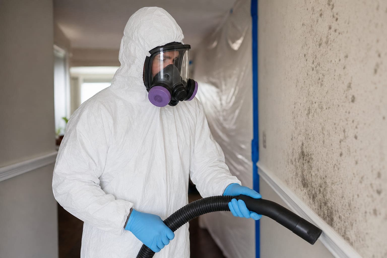 Technician in white coveralls and full-face respirator HEPA-vacuuming mold from a wall inside plastic containment