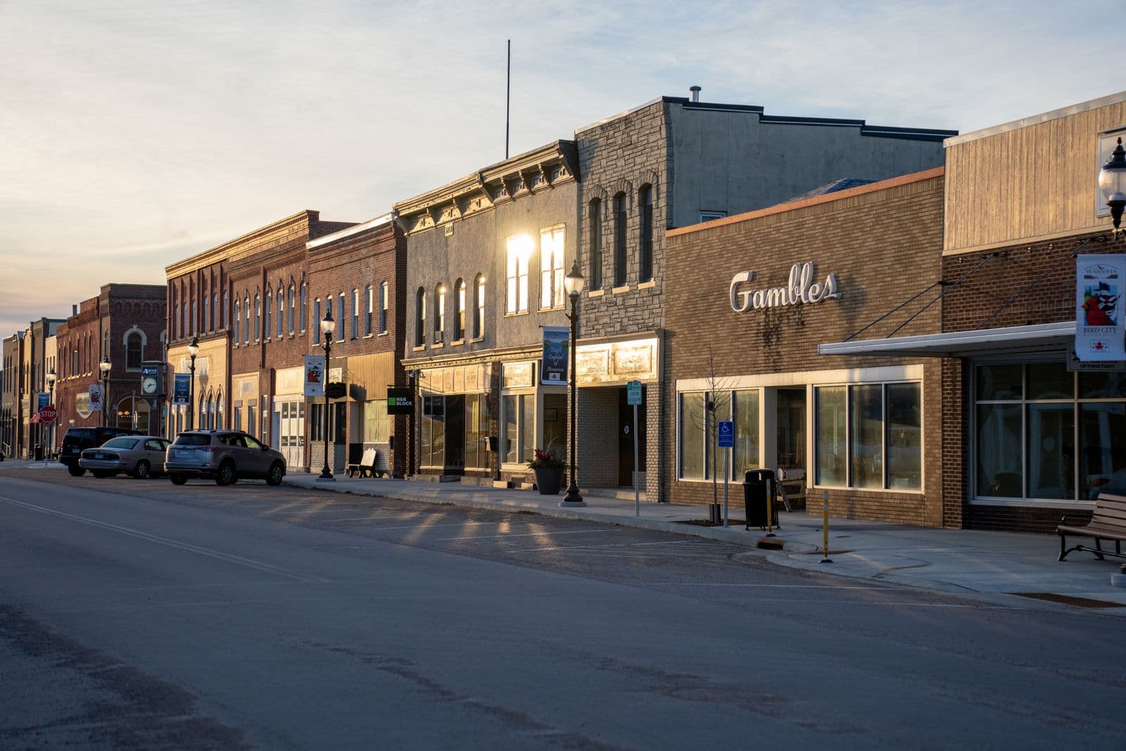 Historic brick storefronts along a small-town Midwestern main street